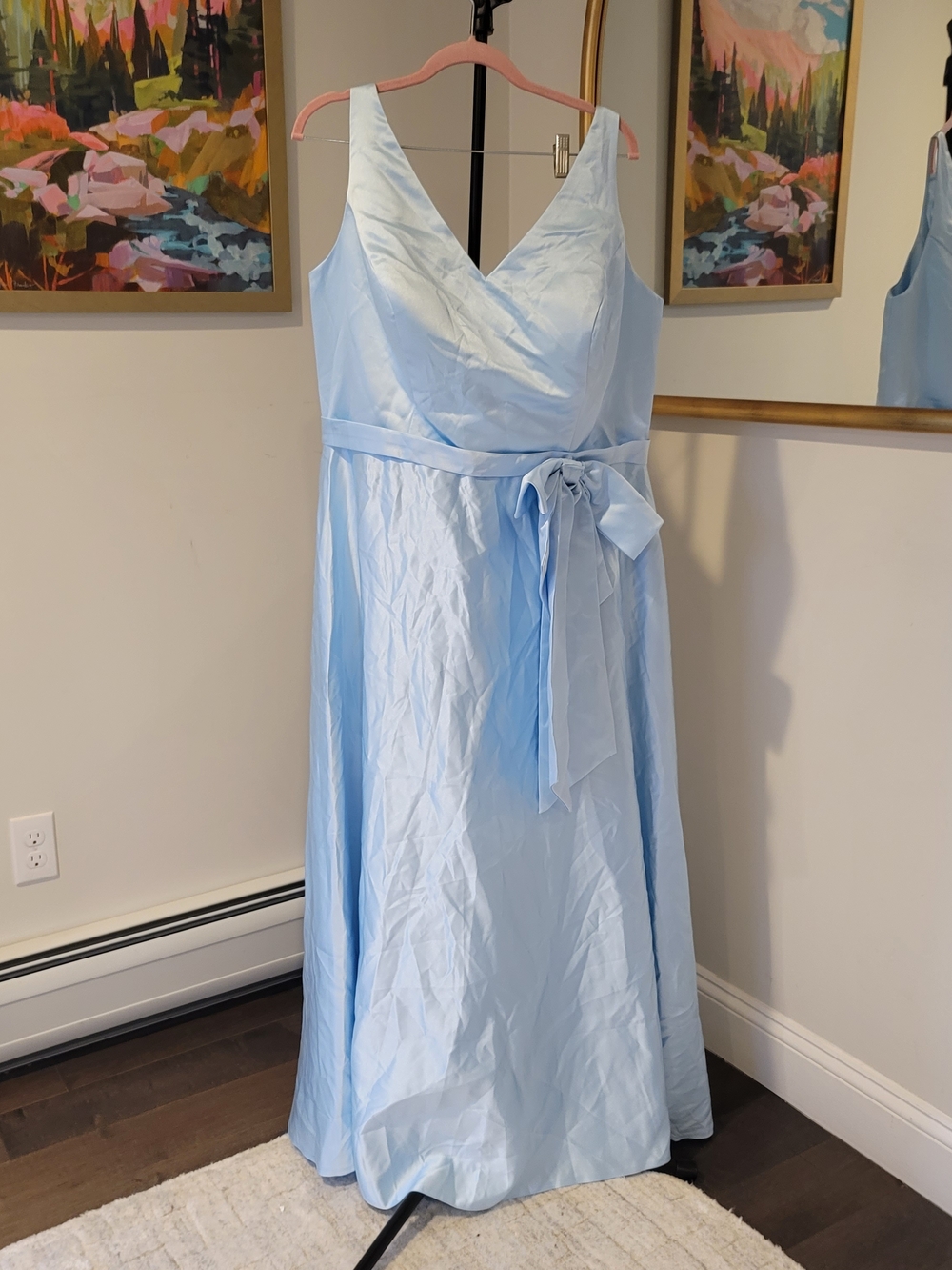 NWT MISS VEIL V Neck Satin Light Blue Gown Corseted Waist Tie Size 16 - Picture 2 of 12